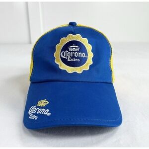 Corona Extra Cerveza Mexican Beer Logo Mesh Trucker Snapback Hat Cap Blue Yellow
